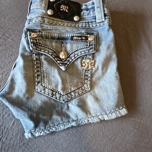 Miss Me Embellished Denim Shorts - Light Blue